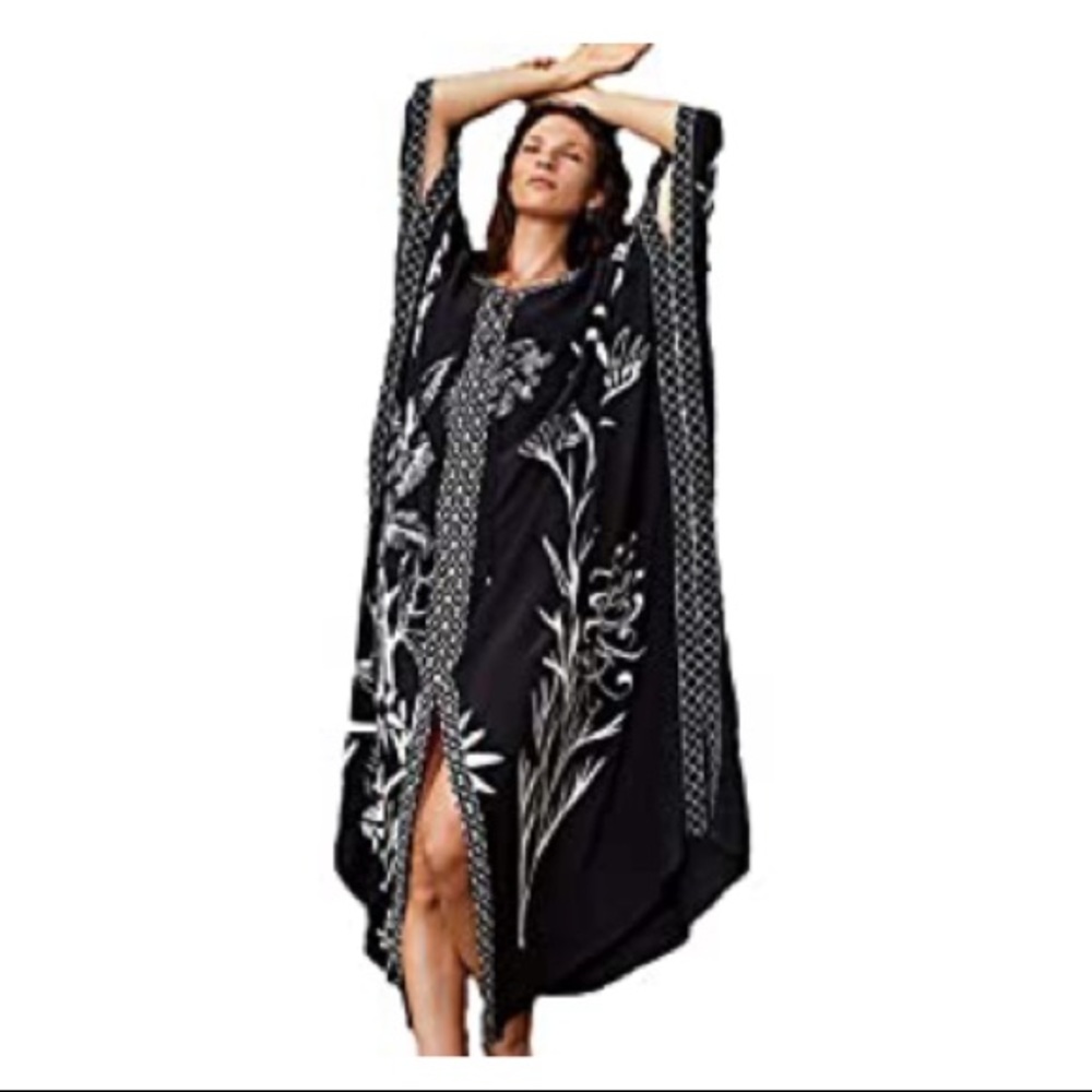 Bsubseach Women Black Print Half Sleeve Beach Kaftan Dress